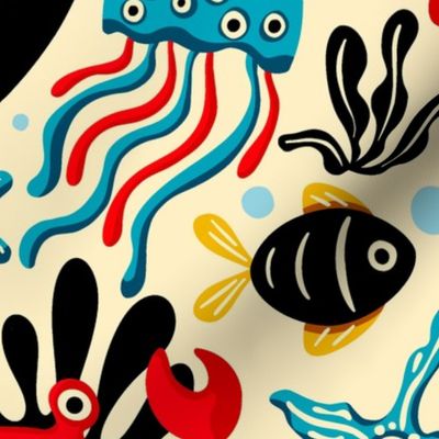 Underwater, Fish and Crab Children Design / Red and Black Version / Large Scale or Wallpaper