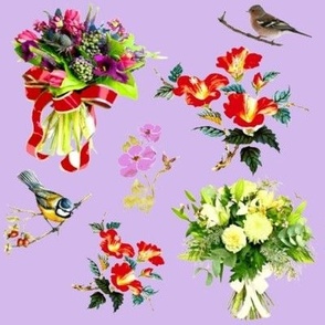 Des bouquets et des oiseaux multicolores sur fond lilas 
