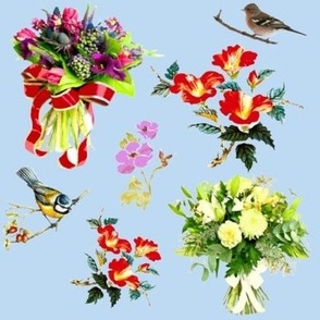 Des bouquets et des oiseaux multicolores sur fond bleu ciel