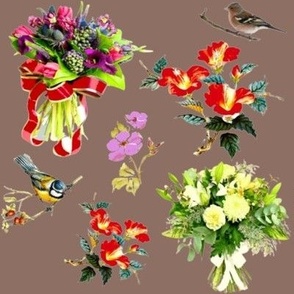 Des bouquets et des oiseaux multicolores sur fond chocolat 