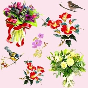 Des bouquets et des oiseaux multicolores sur fond rose