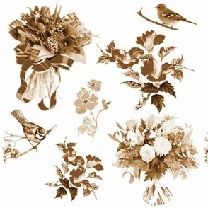 des bouquets et des oiseaux en sépia sur fond blanc