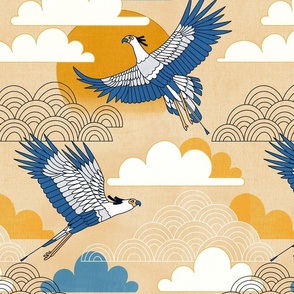 Bold Oriental Style Secretary Birds - Golden Skies - Medium Scale