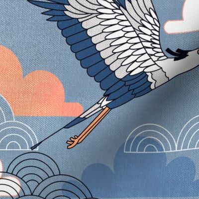 Bold Oriental Style Secretary Birds - Pastel Skies - Medium Scale