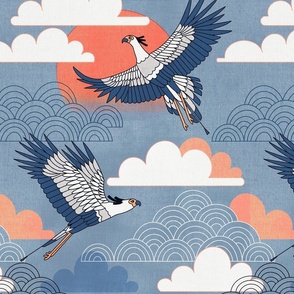 Bold Oriental Style Secretary Birds - Pastel Skies - Medium Scale