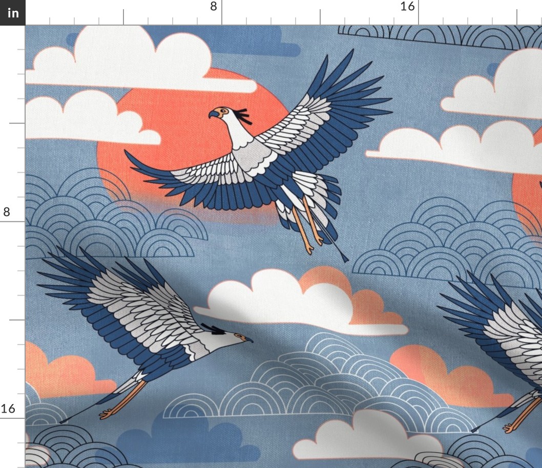 Bold Oriental Style Secretary Birds - Pastel Skies - Medium Scale