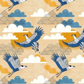 Bold Oriental Style Secretary Birds - Golden Skies - Small Scale