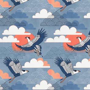 Bold Oriental Style Secretary Birds - Pastel Skies - Small Scale