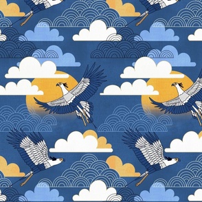 Bold Oriental Style Secretary Birds - Gold and Navy - Small Scale