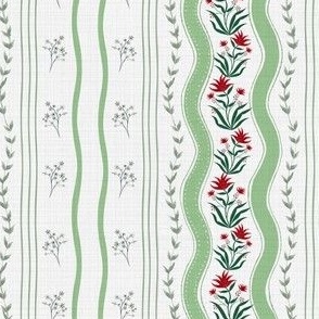 Indian block print ticking stripes flowers greens red grand millennial