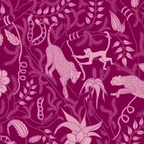 Luxury Cheetah and Monkey Jungle Scene in Dark Pink