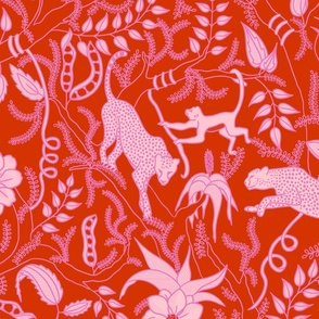 Luxury Cheetah and Monkey Jungle Scene in Orange Pink