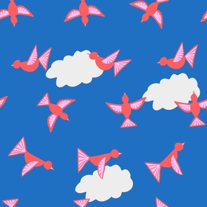 Red Birds Soaring Skies Above Bright Bold Blue