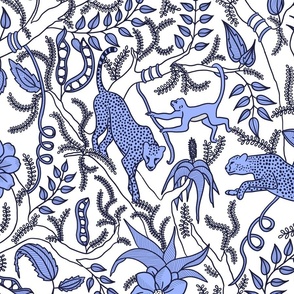 Luxury Cheetah and Monkey Jungle Scene in Navy And Periwinkle Blue
