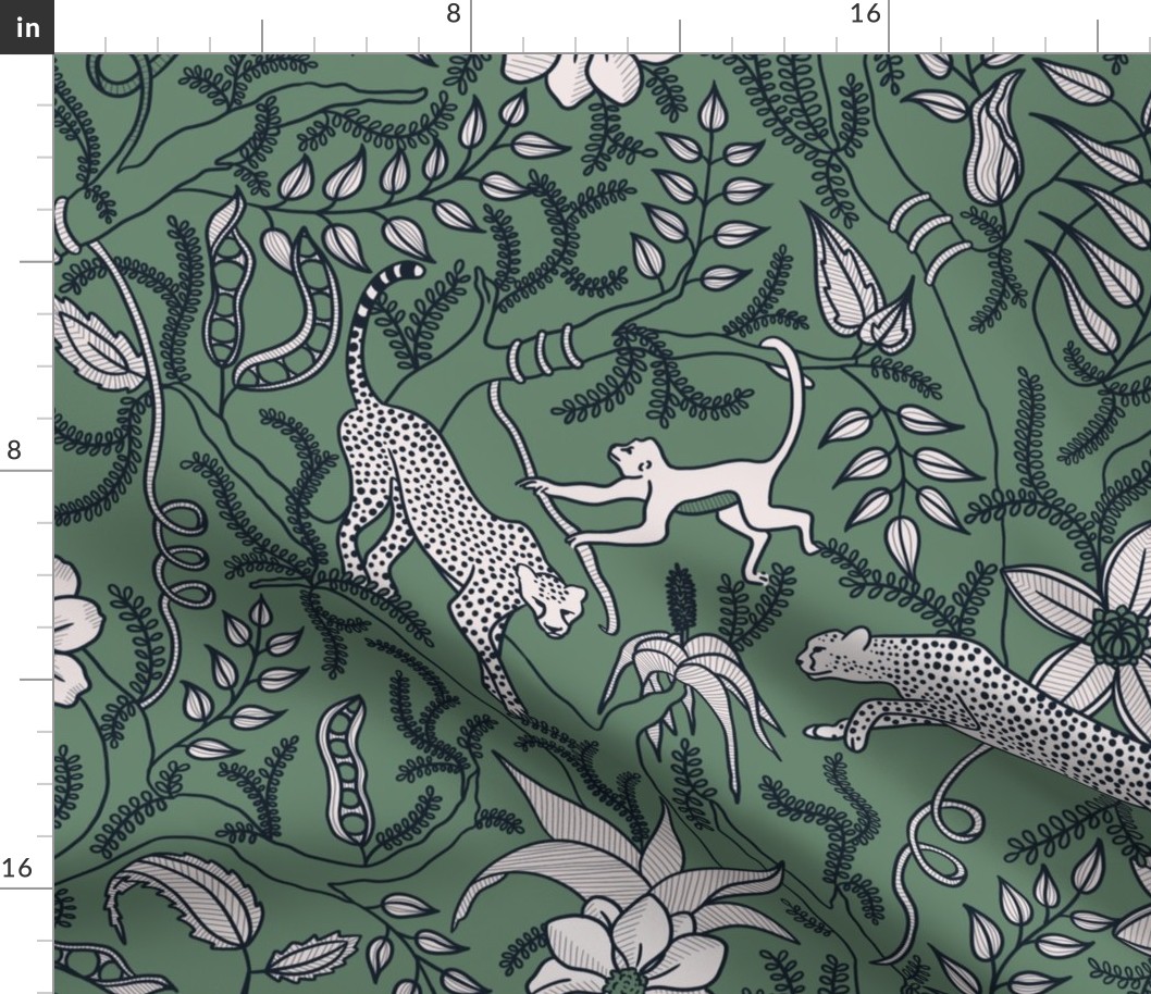 Luxury Cheetah and Monkey Jungle Scene in Navy Mint Green And White
