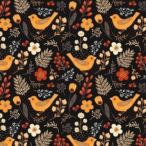 Flowers and birds. Black pattern