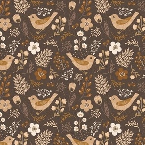 Flowers and birds. Brown pattern