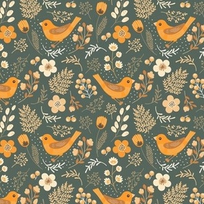 Flowers and birds. Blue pattern