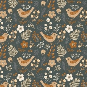 Flowers and birds. Blue and brown pattern