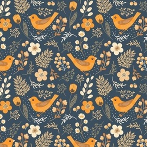 Flowers and birds. Blue pattern