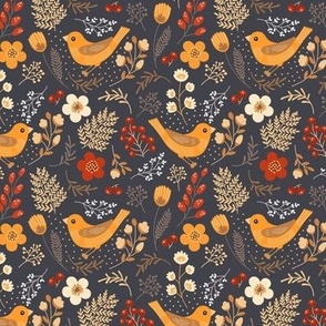 Flowers and birds. Dark blue, red and yellow pattern