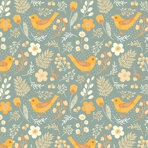 Flowers and birds. Mint pattern