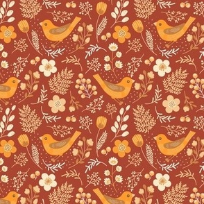 Flowers and birds. Red and yellow pattern