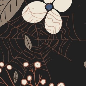 (XL) panna cotta flowers on dark black mountain with morel leaves and amaro cobweb
