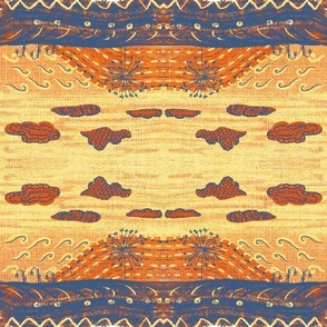 Two directional mirrored hand drawn landscape and seascape on burlap hessian faux texture with grasses 12” repeat airforce blue, orange, coral, yellow