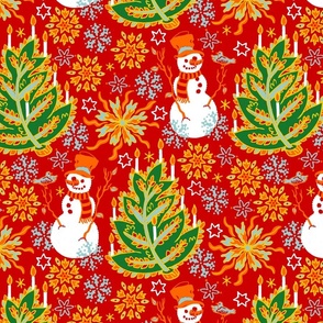 (Medium) Folk christmas tree with snowman - red - kids/ holidays 