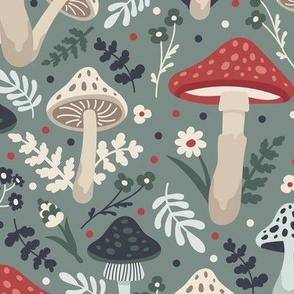 Mushrooms. Blue pattern. Big scale