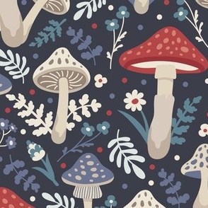 Mushrooms and flowers. Dark blue pattern. Big scale