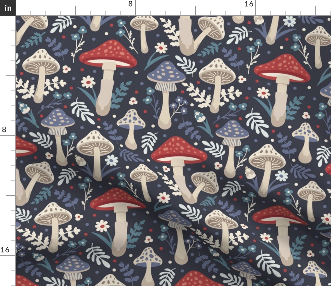 Mushrooms and flowers. Dark blue pattern. Big scale