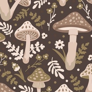 Mushrooms and flowers. Brown pattern. Big scale