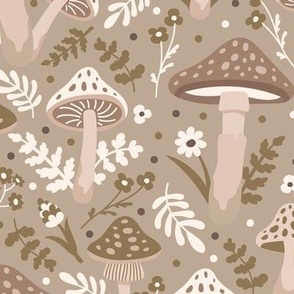 Mushrooms and flowers. Vintage pattern. Big scale