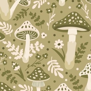 Mushrooms and flowers. Green pattern. Big scale
