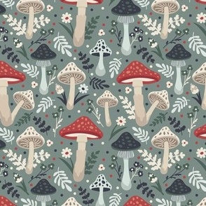 Mushrooms. Blue pattern. Small scale