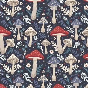 Mushrooms. Dark blue pattern. Small scale