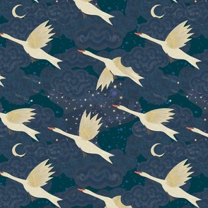 Celestial Swans - (fabric 12"- wallpaper 24") Graceful Mute swans flying over clouds, space, the galaxy, stars and the moon in this peaceful nightime design.