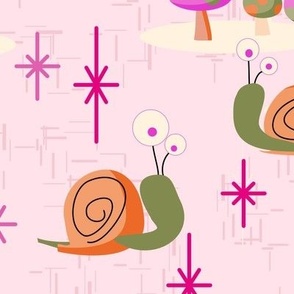 MidCentury Modern Snails - Preppy Pink and Orange - Midcentury Atomic Snail in Preppy Pink and Preppy Orange - Pink and Orange Snails - 42.00in x 36.00in - 150dpi (Full Scale)