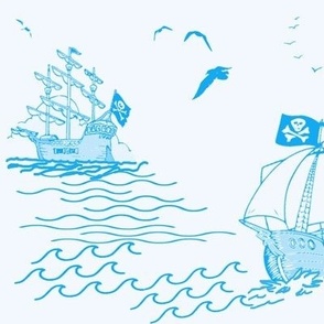 bateaux pour petits pirates en bleu uni sur fond  laiteux