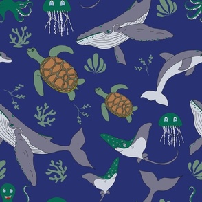 Whales, Dolphins, Turtles Dark Blue - Large