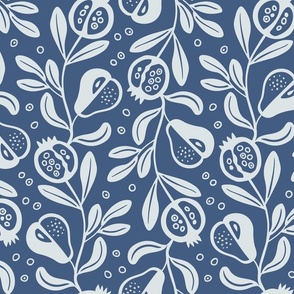 Fruitful, eggshell on blue (Large) – pears and pomegranate fruit – harvest table