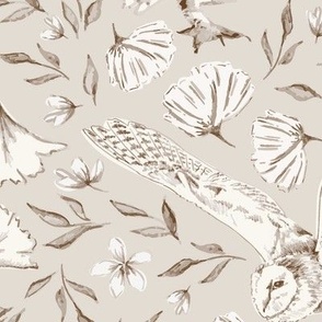 Barn Owls Taupe, Owls, Poppies, Vintage, Woodland, Romantic