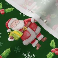 cute watercolor santa with snowflakes deep green WB23 christmas fabric