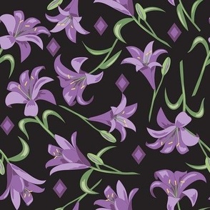 Lilies Purple on Black Medium 8"