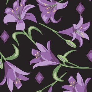 Lilies Purple on Black Large 12"