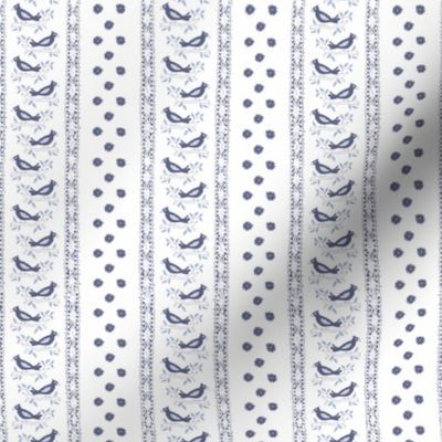 french country blue birds in tree, flowers and lace on white