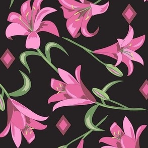 Lilies Pink on Black Large 12"