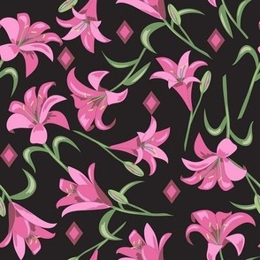 Lilies Pink on Black Medium 8"